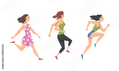 Woman Character Running in a Hurry and Hasten Somewhere Vector Set
