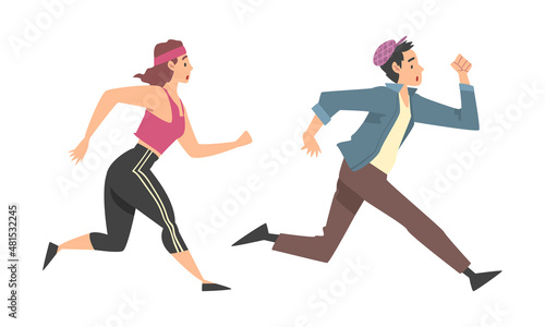 Man and Woman Character Running in a Hurry and Hasten Somewhere Vector Set © topvectors