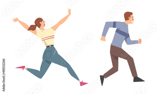 Man and Woman Character Running in a Hurry and Hasten Somewhere Vector Set