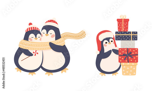 Cute Penguin as New Year Character in Hat and Scarf Hugging and Standing Near Pile of Gift Box Vector Set