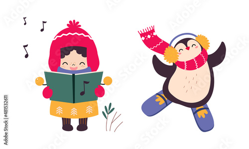 Cute Little Girl Singing Christmas Carol and Penguin Skiing as New Year Character Vector Set