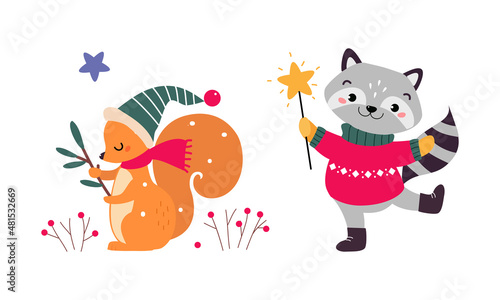 Cute Squirrel and Raccoon as New Year Character Wearing Hat and Sweater Vector Set