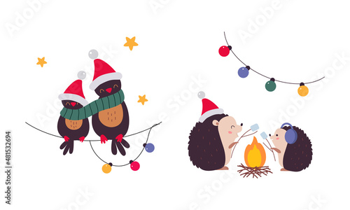 Cute Hedgehog and Birds as New Year Character Sitting on Rope and Frying Marshmallow Vector Set