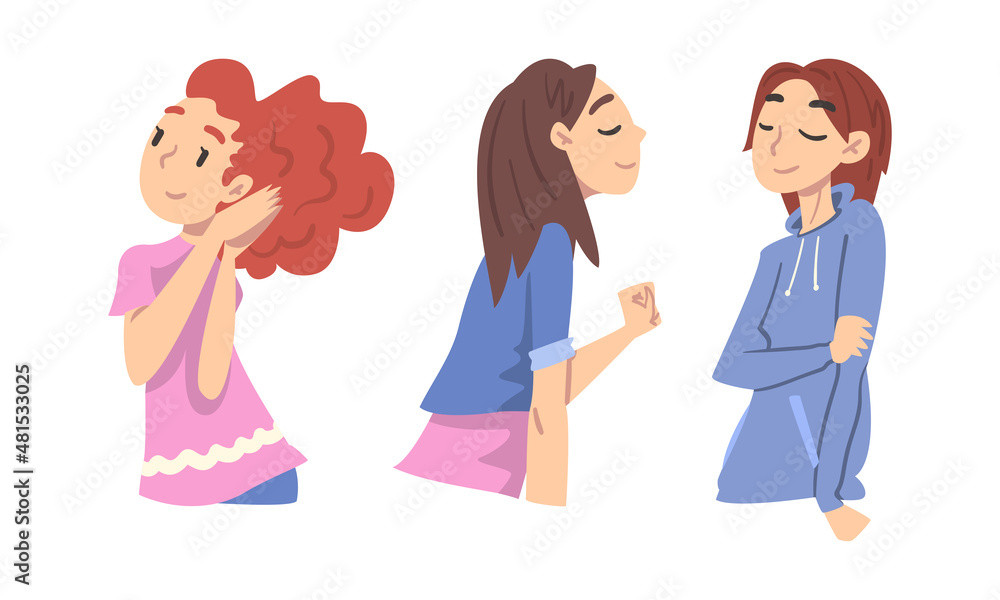Smiling Woman Character Looking at Someone Demonstrating Attention Vector Set Smiling Woman Character Looking at Someone Demonstrating Attention Vector Set