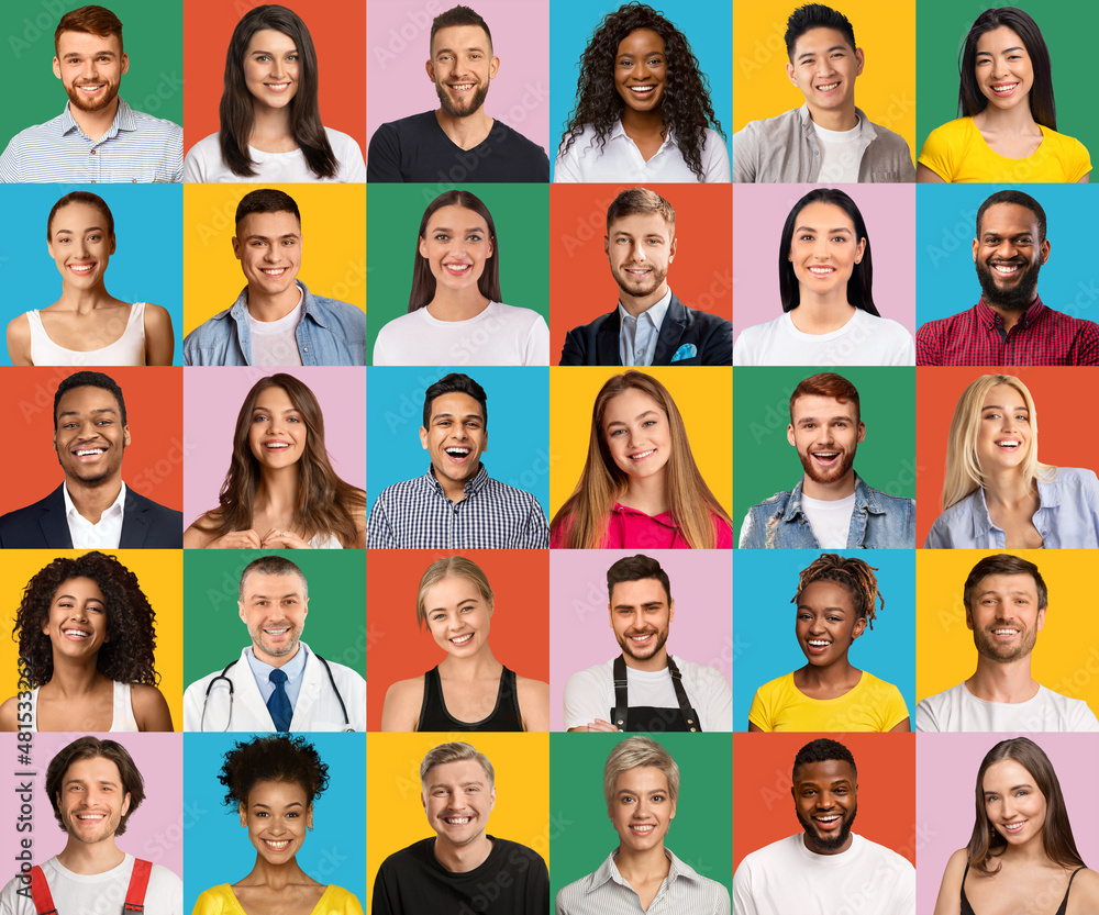 Group Of Diverse Interracial People Smiling Over Colorful Backgrounds, Creative Collage Group Of Diverse Interracial People Smiling Over Colorful Backgrounds, Creative Collage