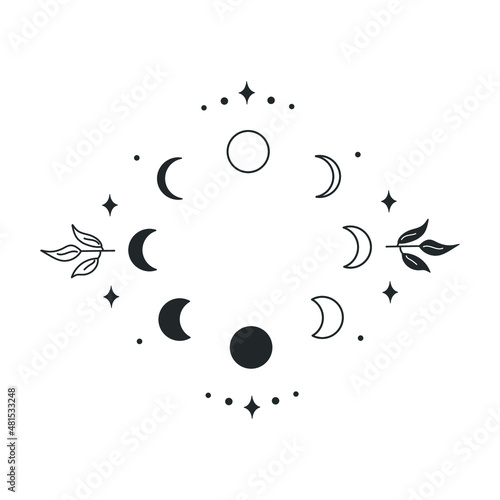 Magical moon phases with leaves. Linear drawing. Suitable for the design of cosmetics, spa treatments, massage, beauty industry, as well as for the design of postcards, posters, stationery and as a ta