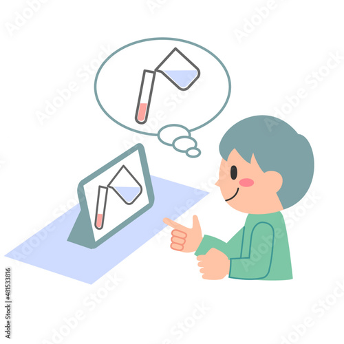 タブレット端末を使って理科の勉強をする男の子
