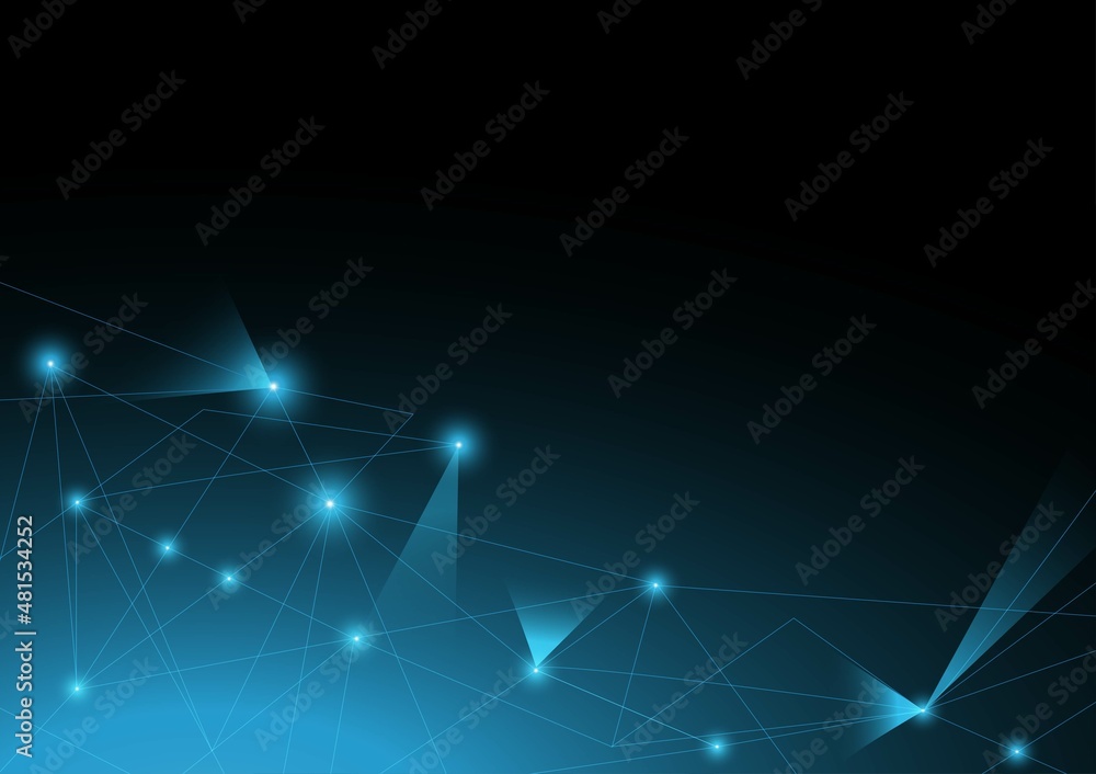 Fototapeta premium Abstract polygonal shapes and dot connection, futuristic technology graphic design on blue background. Vector illustration.