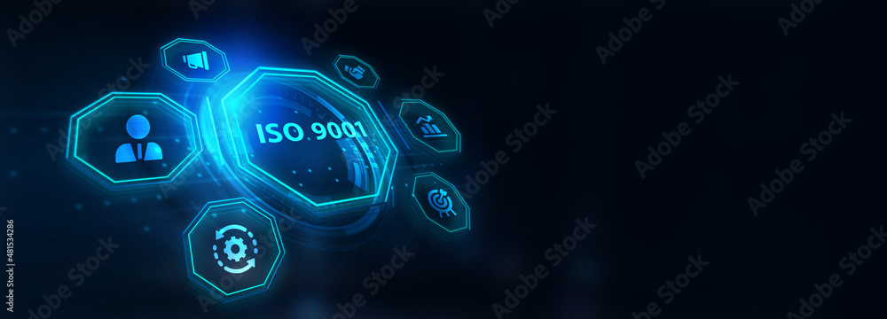 The concept of business, technology, the Internet and the network.  virtual screen of the future and sees the inscription: ISO 9001. 3d illustration