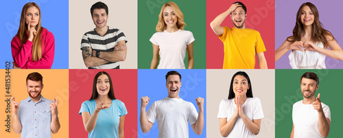 Set of expressive Caucasian people showing various positive emotions on bright studio backgrounds, panorama