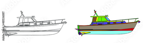 motorized modern large fishing boat industrial design illustrations. holiday boat technical drawing concept.
