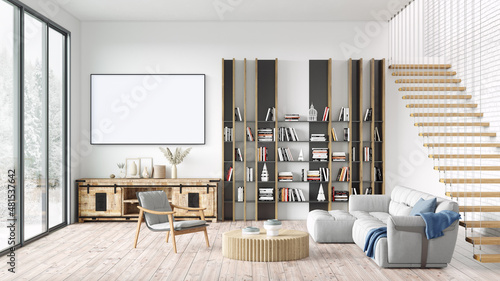 Wallpaper Mural Modern beautiful interior room with a white painting. Clean and lightweight design with wooden floors and light walls. 3d rendering Torontodigital.ca