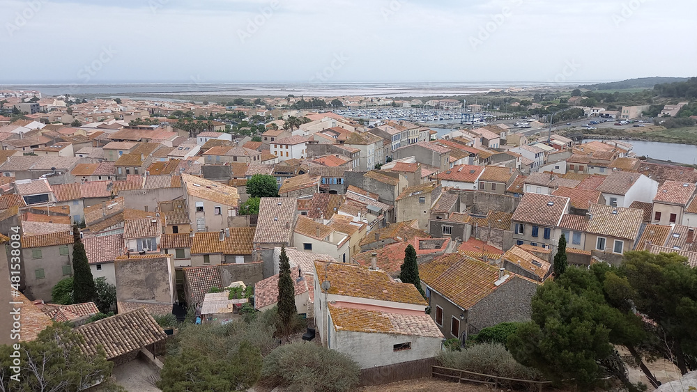 city center of Gruissan panoramic top aerial view in Europe France Occitanie in Aude