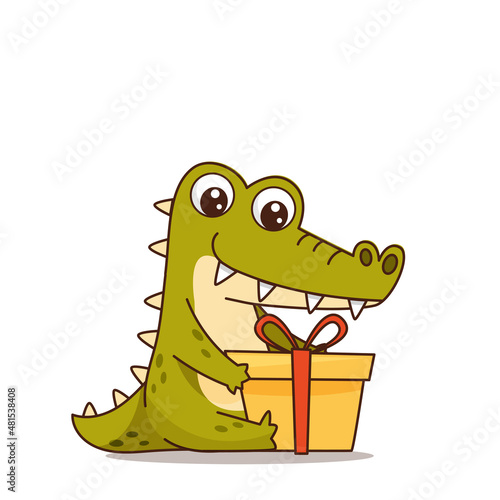 Baby crocodile is holding a small gift. Present. Postcard in children's cartoon style. Vector illustration for designs, prints and patterns.