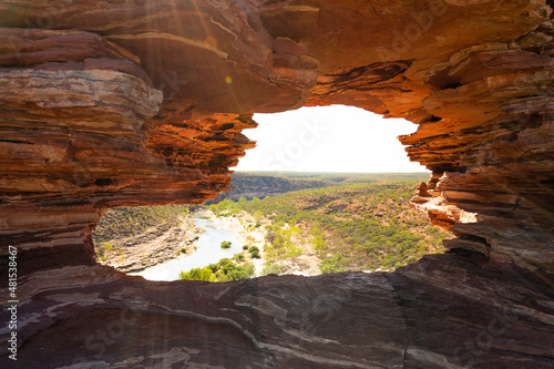View of a river through a natural window in Australia. National Park. Canyon. 