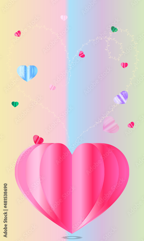 Pink paper hearts flying on pastel background. vector symbol of love for woman, happy valentine's day, birthday card design
