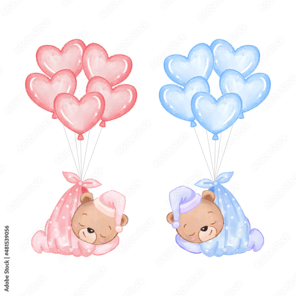 Cute sleeping bear fly with balloons in watercolor style. Vector cartoon design