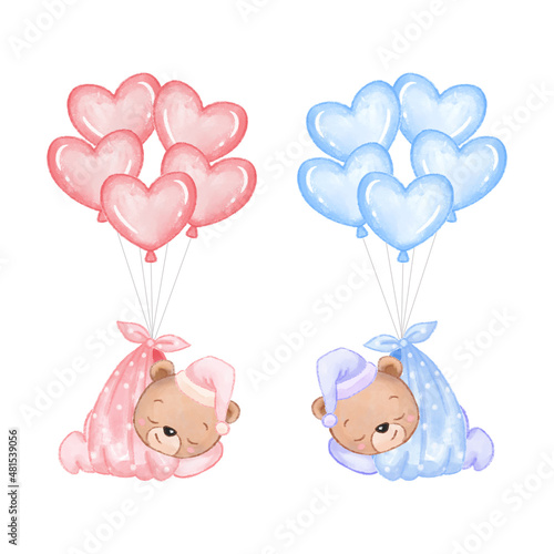 Cute sleeping bear fly with balloons in watercolor style. Vector cartoon design