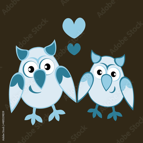 two owls in love with hearts. Cartoon birds. Pastiche. Children drawing