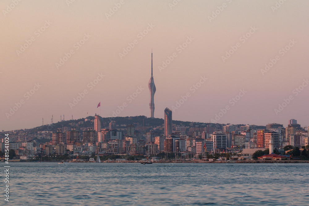 View of the evening Istanbul and Camlica Hill from the Sea of ​​Marmara