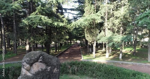 Aerial Drone Footage View: Flying from the forest over spring mountains, hills and meadows with pine forests in sun soft light. Beautiful landscape.  4K Ultra HD. Dilijan