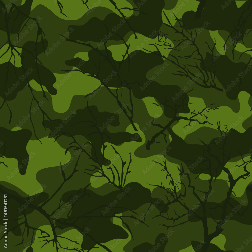 Camouflage with branches. Fabric for various products. Modern.