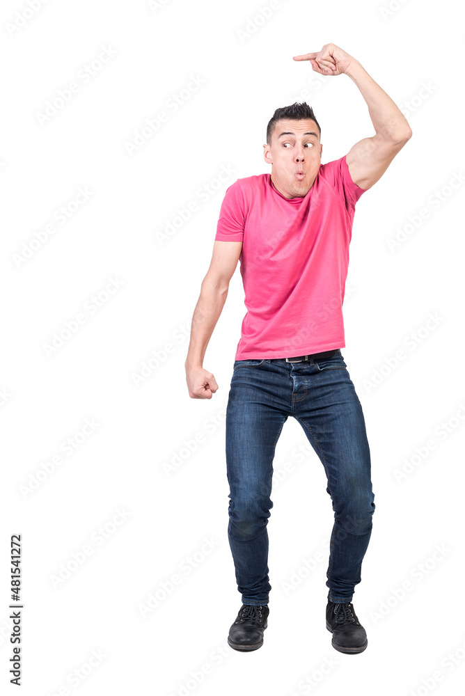 Careful man pointing aside in studio. White background Careful man pointing aside in studio. White background