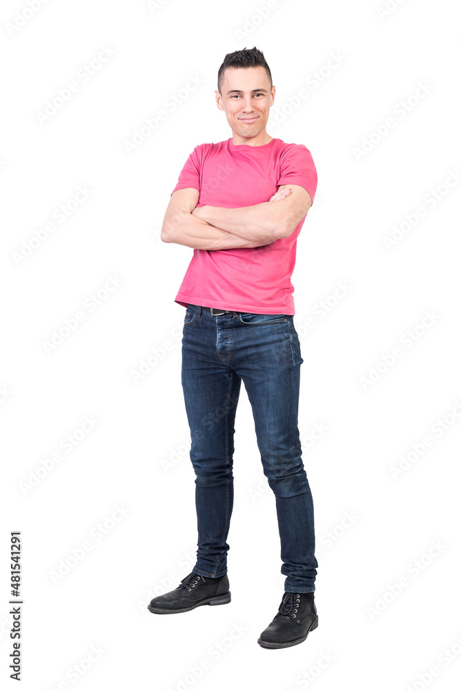 Content man with crossed arms. White background Content man with crossed arms. White background