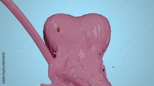 pink Chocolate pouring on milky chocolate 3D heart  rendering animation on blue background. Creative valentine's day concept heart covering with melted chocolate love