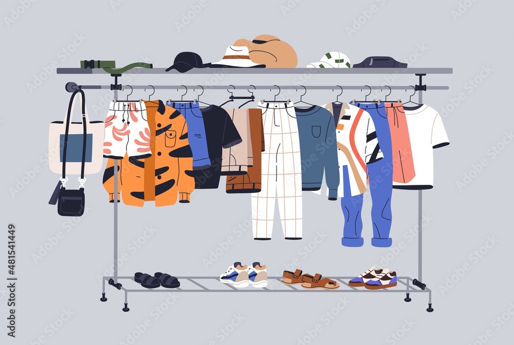 Vecteur Stock Men capsule wardrobe with summer casual clothes on hangers,  racks and shelves. Male fashion garments, footwear and accessories on rail.  Modern trendy apparel display. Colored flat vector illustration