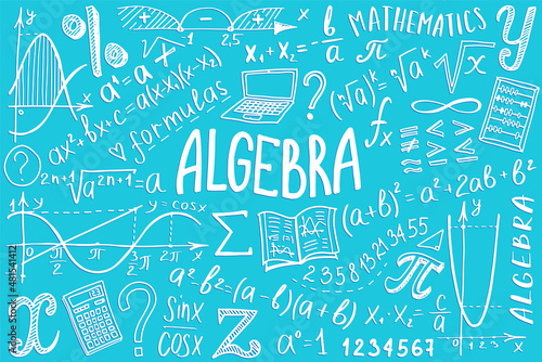 Algebra or mathematics subject doodle design. Maths symbols icon set. Education and study cover template. Back to school sketchy background for notebook, not pad, sketchbook. Hand drawn illustration.