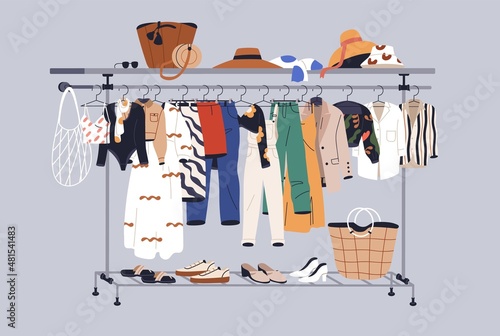 Summer capsule wardrobe with women casual clothes on hanger rail. Fashion garments, shoes and accessories on rack and shelf. Modern fashionable apparel collection. Colored flat vector illustration