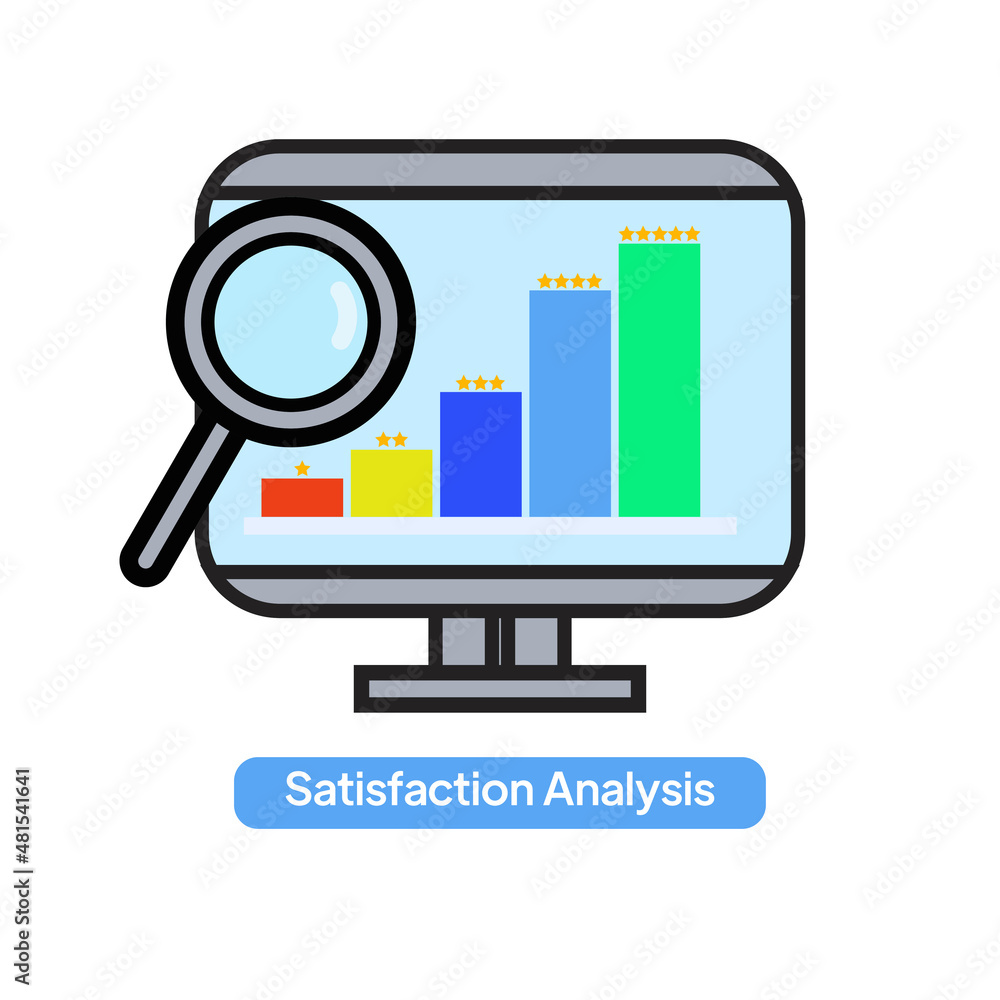 Customer satisfaction rating chart vector flat illustration with magnifying glass icon. Customer satisfaction rating chart vector flat illustration with magnifying glass icon.