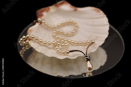 selective focus to a white scallop shell with pearl necklace on circular mirror and black background