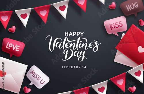 Happy valentine's day vector background design. Valentine's day greeting card with love letter and pennants decoration elements. Vector illustration. 
