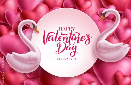 Valentine's day template vector design. Happy valentine's day text in empty space frame with couple swan characters and heart background. Vector illustration.
