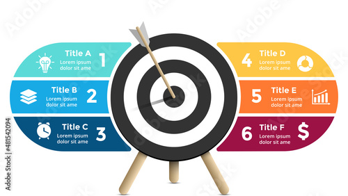 Success infographic. Business presentation slide template. Arrow hit the target. Goal diagram. Chart with 6 steps, options, processes. 