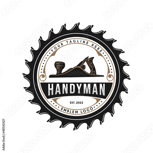 woodworking logo. wood planer, saw blade with ornamental decoration, carpenter's symbol, for carpentry or furniture