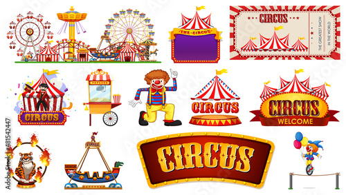 Set of circus characters and amusement park elements
