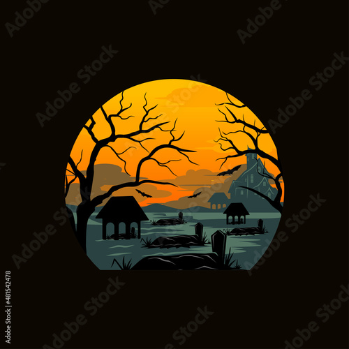 sunset vector. bats and house silhouette element, in the afternoon