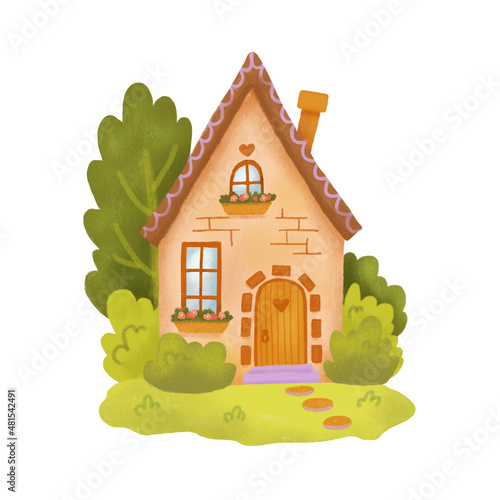 Cute house isolated on white background. Hand drawn llustration cottage fairytail photo