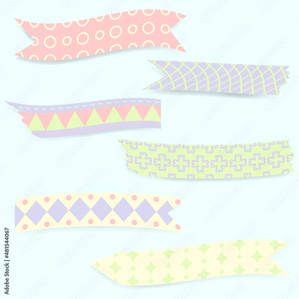 Set of colorful patterned washi tape strips with a geometric pattern in delicate colors