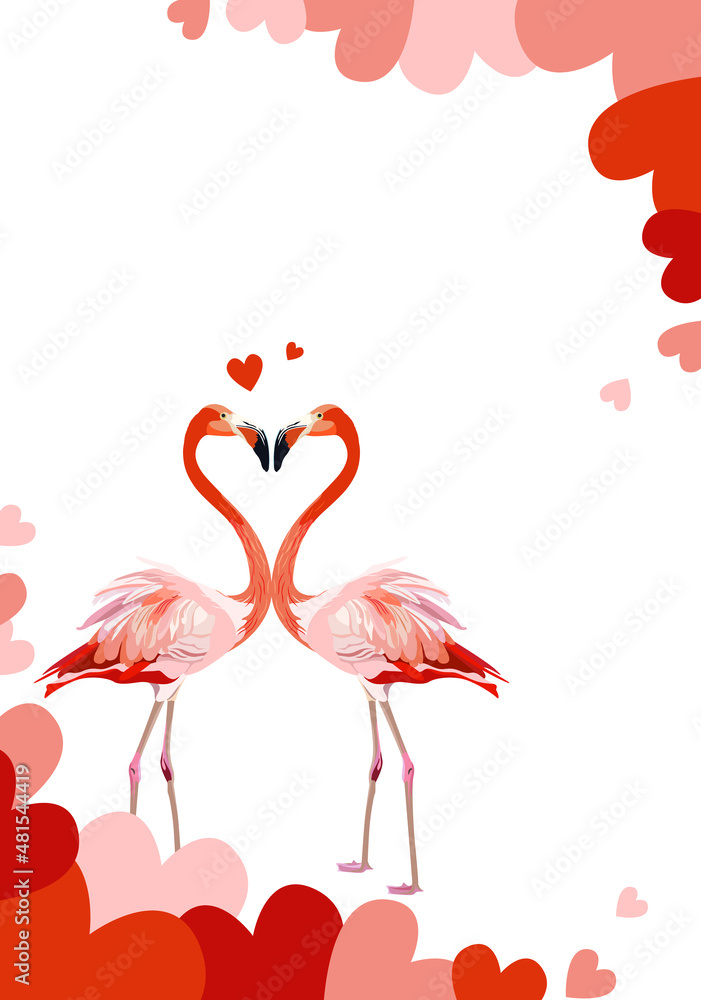 Obraz premium Romantic Valentine's Day template. Invitation card with Two flamingos in love and tropical palm leaves, plants, bird of paradise.Wedding invitation card, flyer, banner 