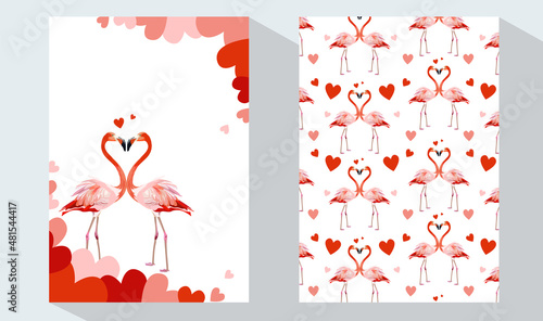 Romantic Valentine's Day template. Invitation card with Two flamingos in love and tropical palm leaves, plants, bird of paradise.Wedding invitation card, flyer, banner 