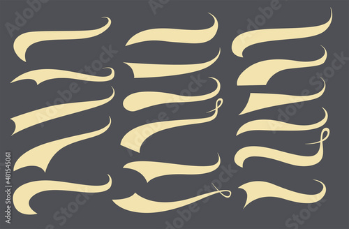 Calligraphic swoosh tail set, underline marker strockes. Sport logo typography elements. Texting letters tail for lettering or baseball club. Vector illustration