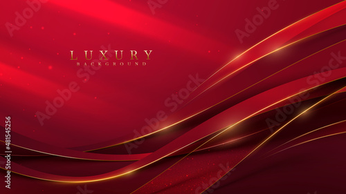 Red luxury background with golden curve decoration and glitter light effect.
