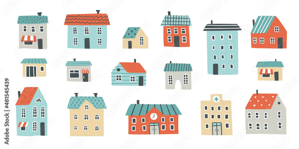 Scandinavian houses set. Childish doodle building collection. Bundle of baby cartoon architecture.