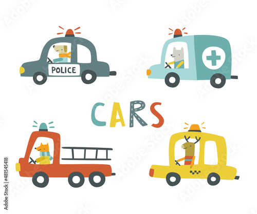 Doodle animals drive cars set. Cute baby vehicle print collection. Cartoon police car, fire engine, taxi, ambulance with mammal drivers.