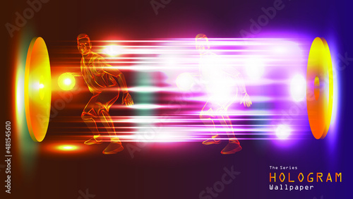 The series of hologram wallpaper. Action figure of a basketball player on light projection.