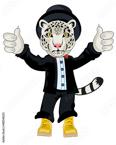 Snow snow leopard in fashionable suit cartoon
